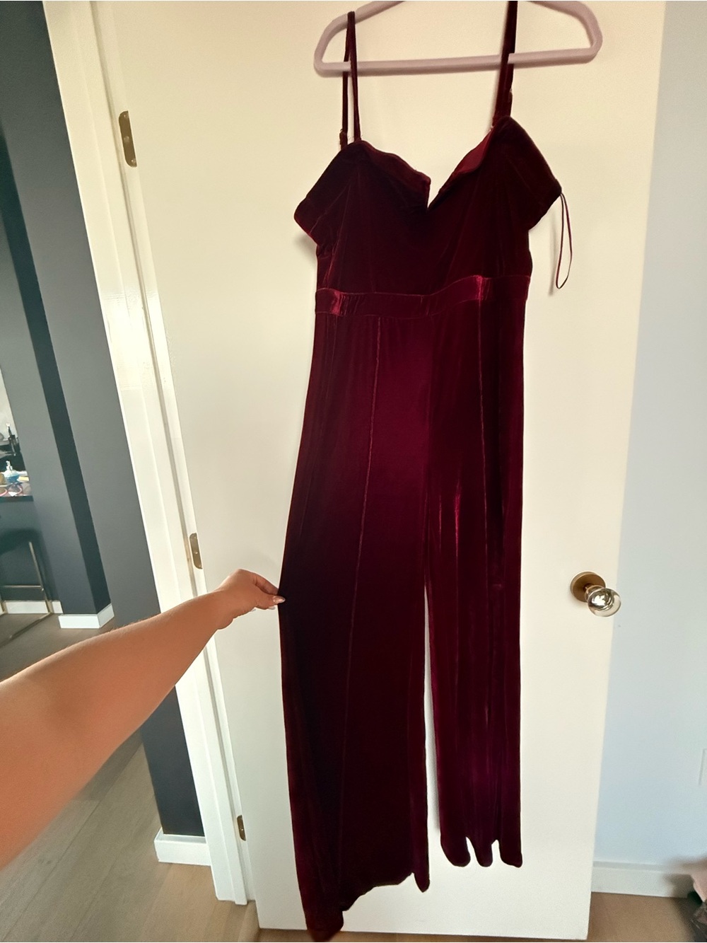 Flying Tomato Burgundy Velvet Wide-Leg Jumpsuit